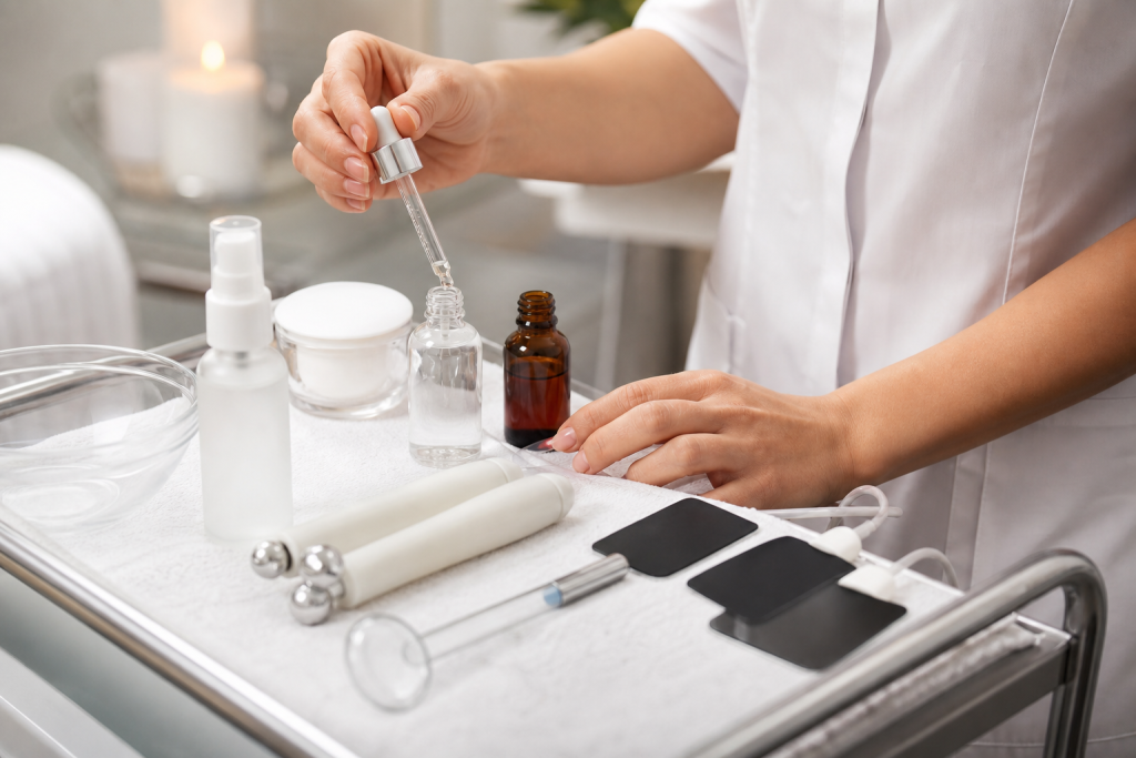 Esthetician arranging facial serums and device add-ons on a tray