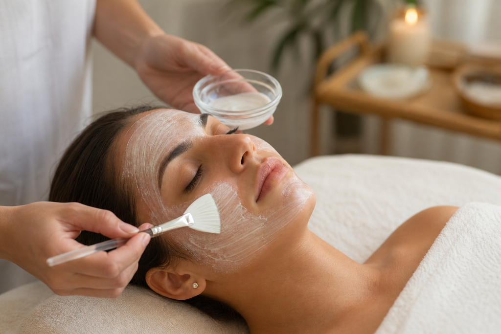 Esthetician applying a hydrating mask during a facial treatment.