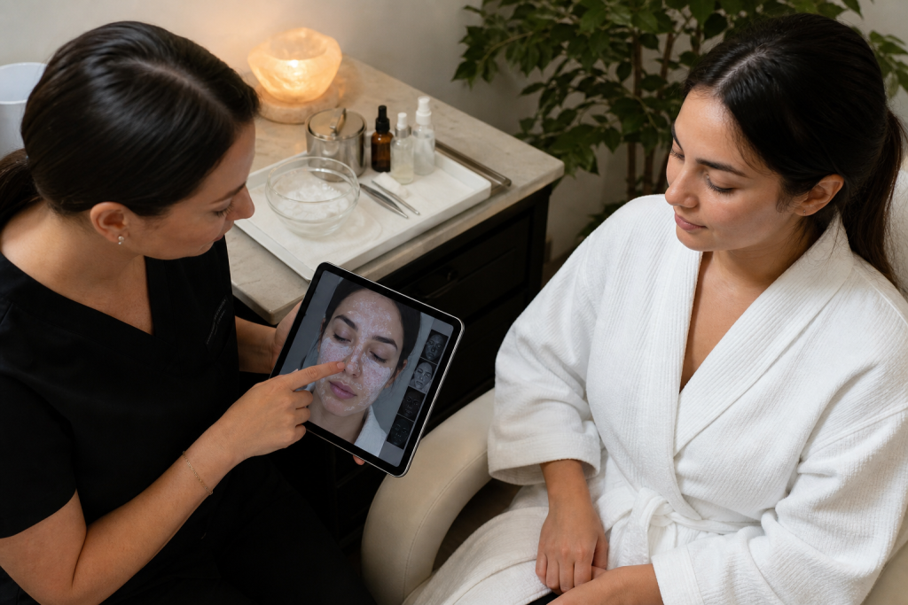 Esthetician consulting with client about facial treatment and skin assessment