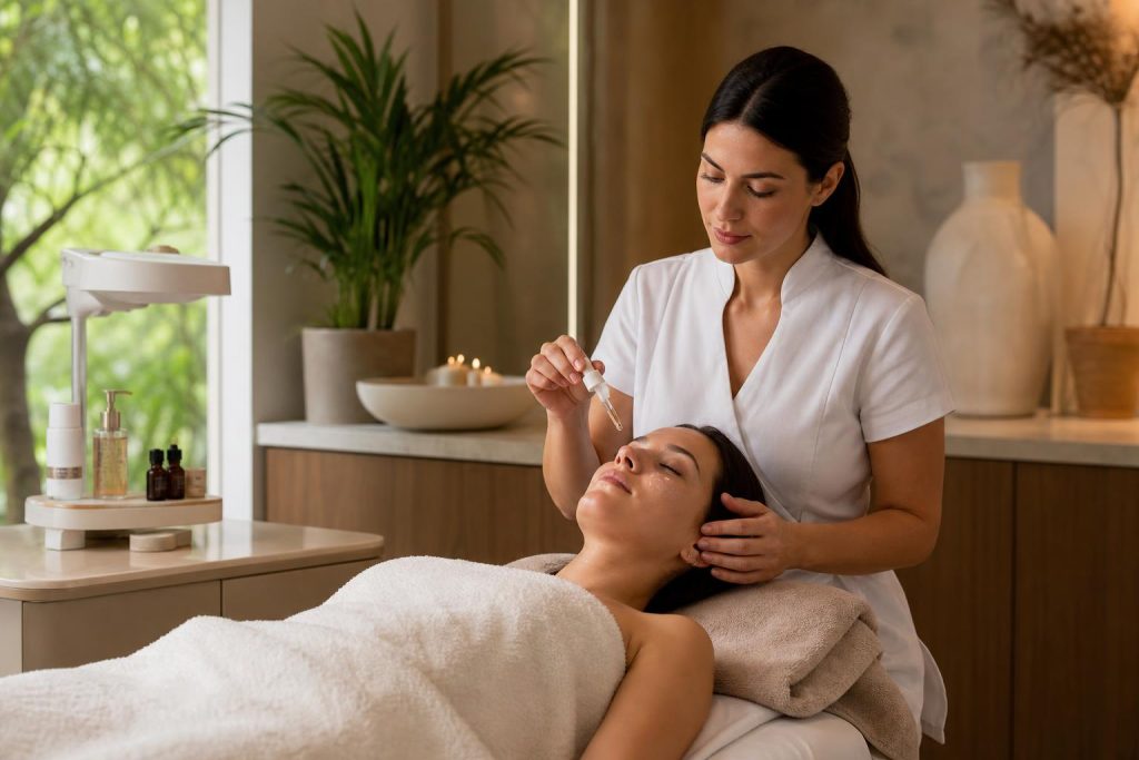 Esthetician applying serum during a luxury facial treatment in a softly lit Woodland Hills studio