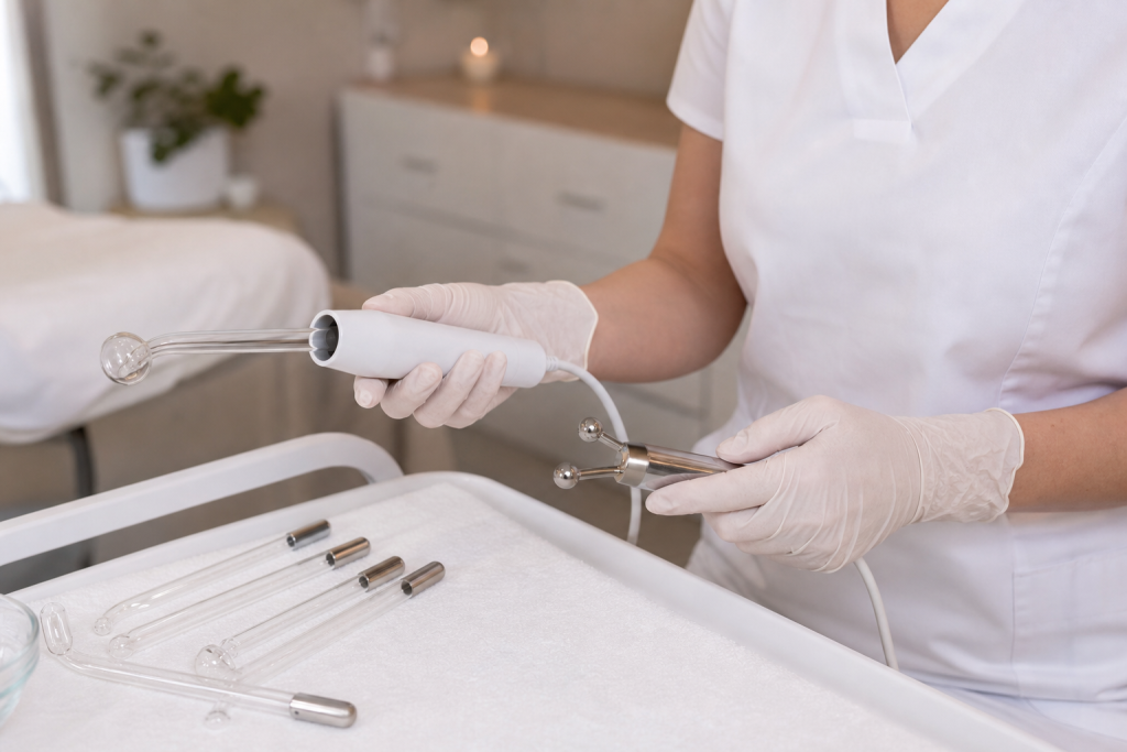 Close-up of esthetician hands preparing high-frequency and galvanic devices on a tray.