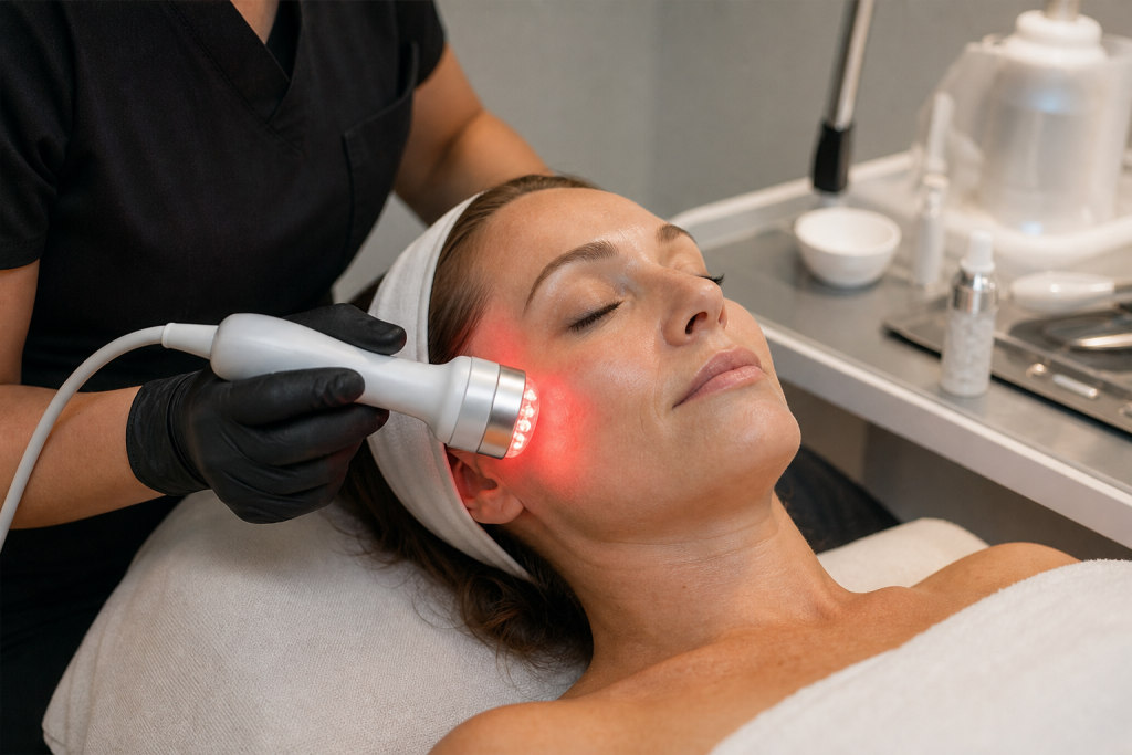Close-up of LED handpiece near client's cheek during a professional facial add-on.