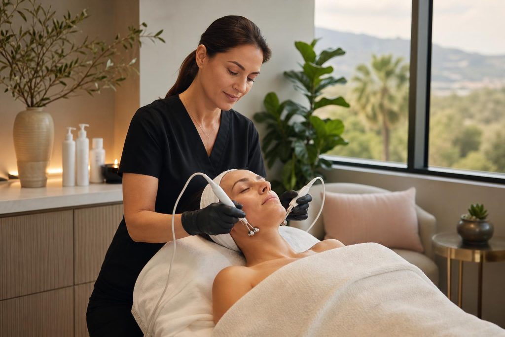 Esthetician performing a microcurrent facial in a luxury Woodland Hills treatment room