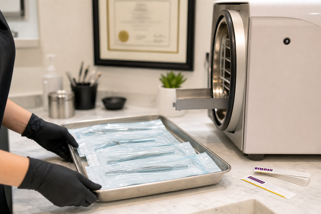 Sterile processing area with sealed instruments and sterilization indicators