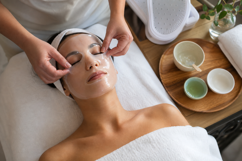 Hands placing a hydrogel mask on a client's face during a hydrating facial.