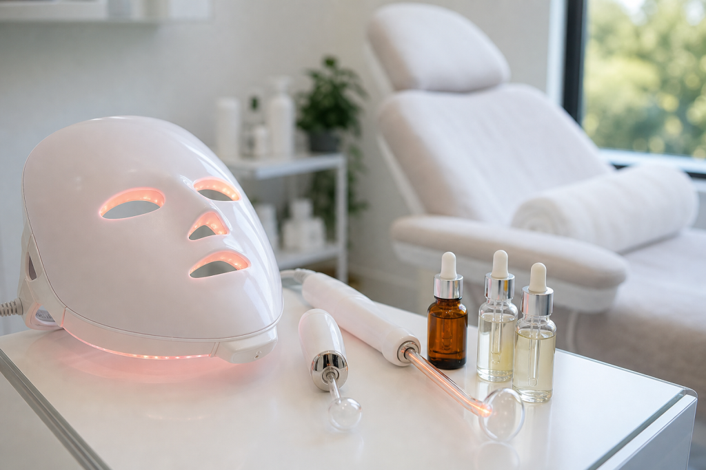 Professional facial devices and serums on a treatment trolley, ready for a facial.