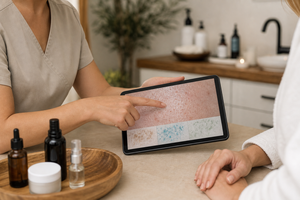 Esthetician consulting a client during a skin analysis in a Woodland Hills studio.