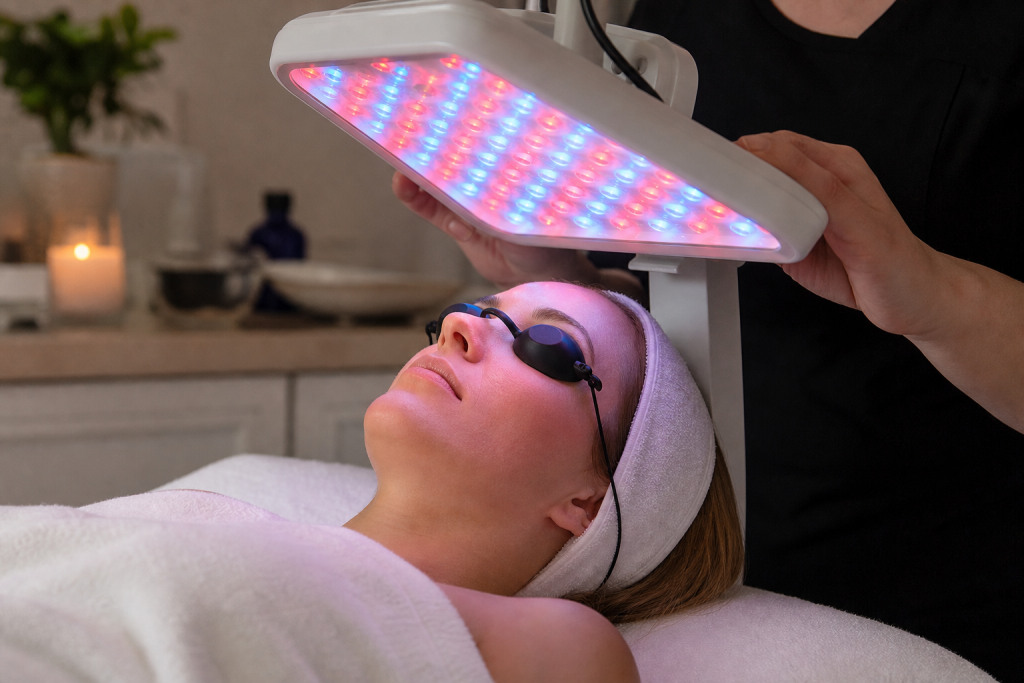Client receiving LED light therapy as an add-on during a facial.