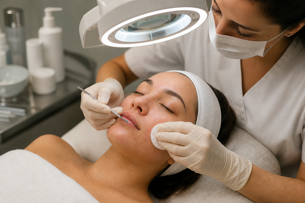 Gloved esthetician performing safe extractions during an acne facial with a magnifying lamp.