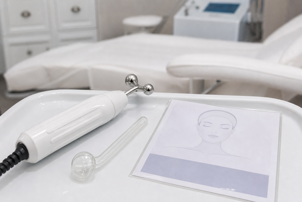 Galvanic wand and high-frequency electrode on tray with manual