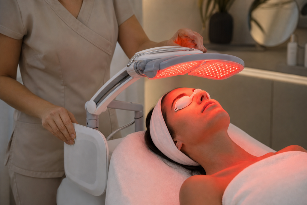 Client receiving LED facial add-on under red LED light in a luxury treatment room.