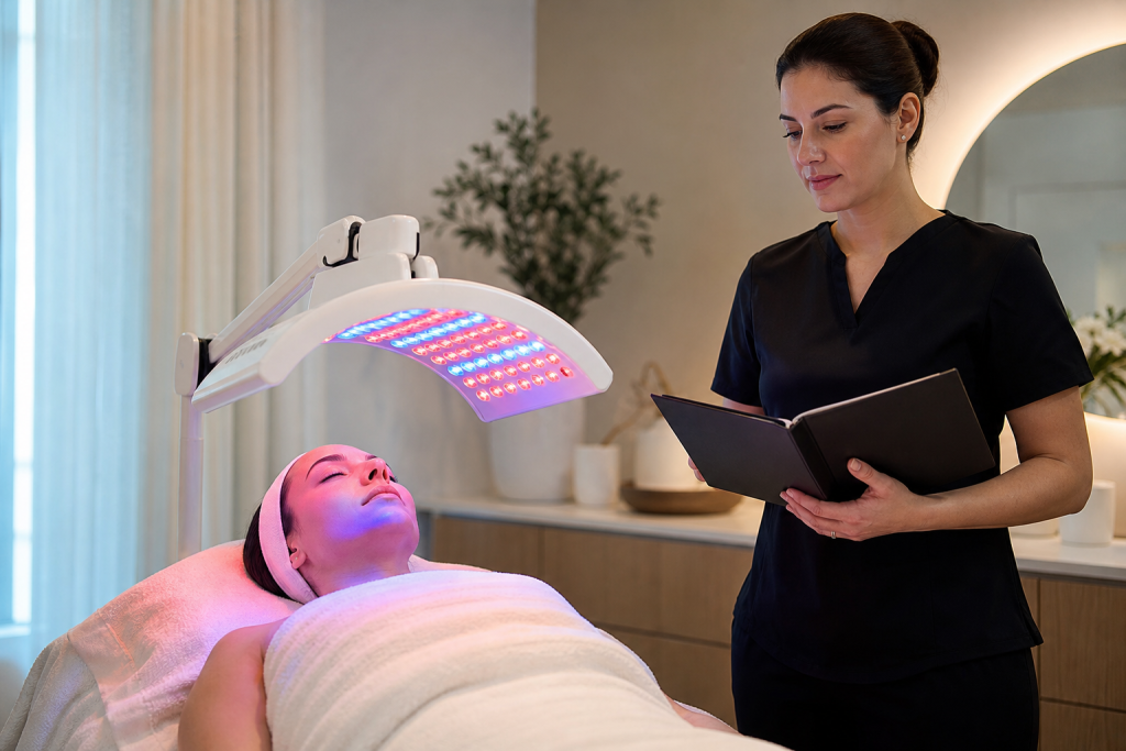 Professional LED light panel over client with esthetician preparing device manual