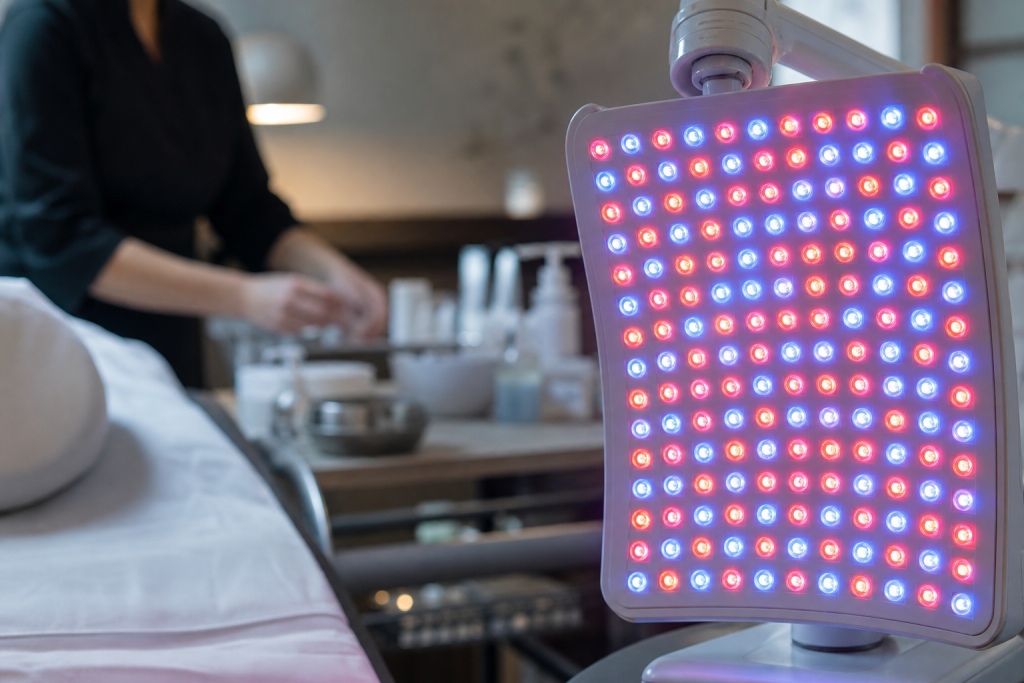 Close-up of red and blue LEDs on a professional facial panel in a spa treatment room.