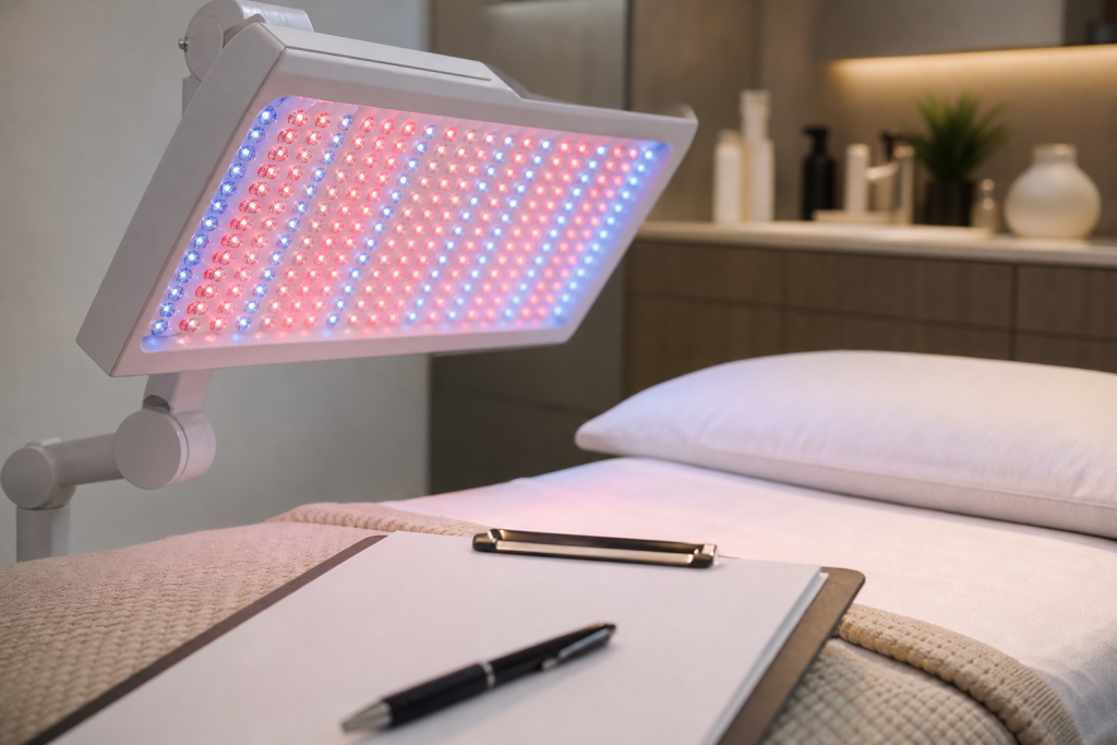 Professional LED panel above treatment bed with consent form blurred in foreground.