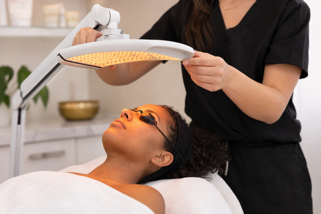 Client with protective goggles receiving an LED light therapy add-on during a facial.