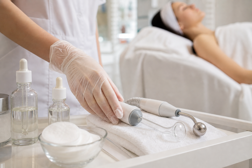 High-frequency wand and galvanic probe on a treatment tray next to serums and cotton pads.