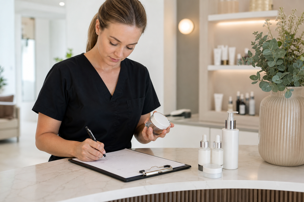 Esthetician recording product lot numbers and client intake information.