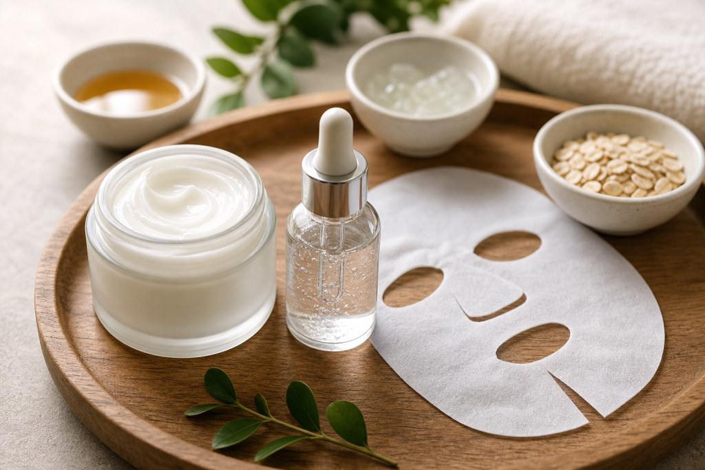 Ceramide cream, hyaluronic serum dropper, and a sheet mask arranged on a tray.