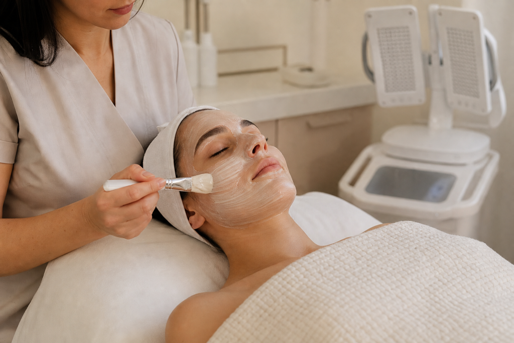 Hydrating facial mask being applied during a professional facial at a Woodland Hills studio.