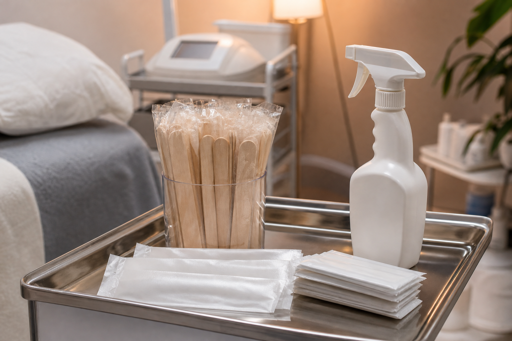 Sanitized tray with single-use waxing supplies and disinfectant