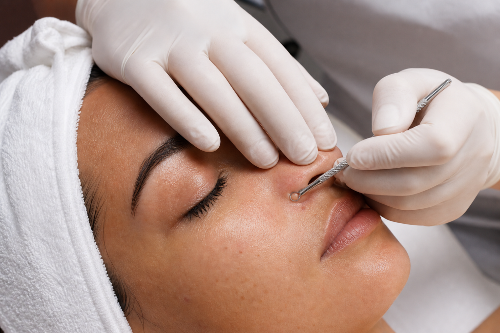 Gentle professional extraction of a superficial comedone by a gloved esthetician.