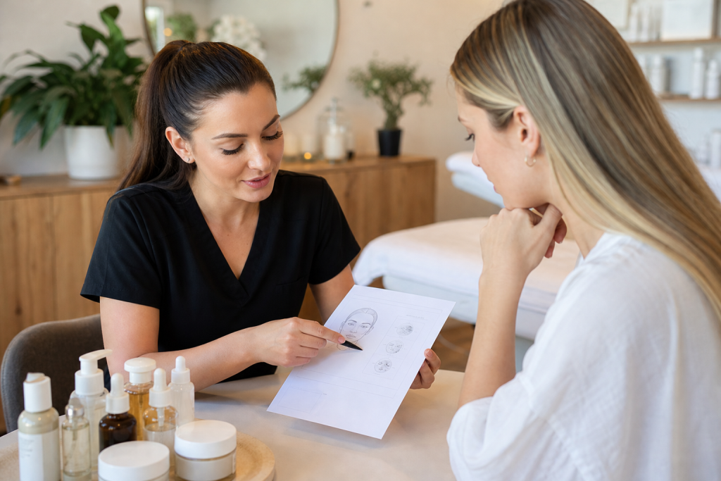 Skincare consultation between esthetician and client in a Woodland Hills studio.