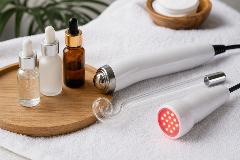 Galvanic probe and high-frequency electrode beside serums on a towel.