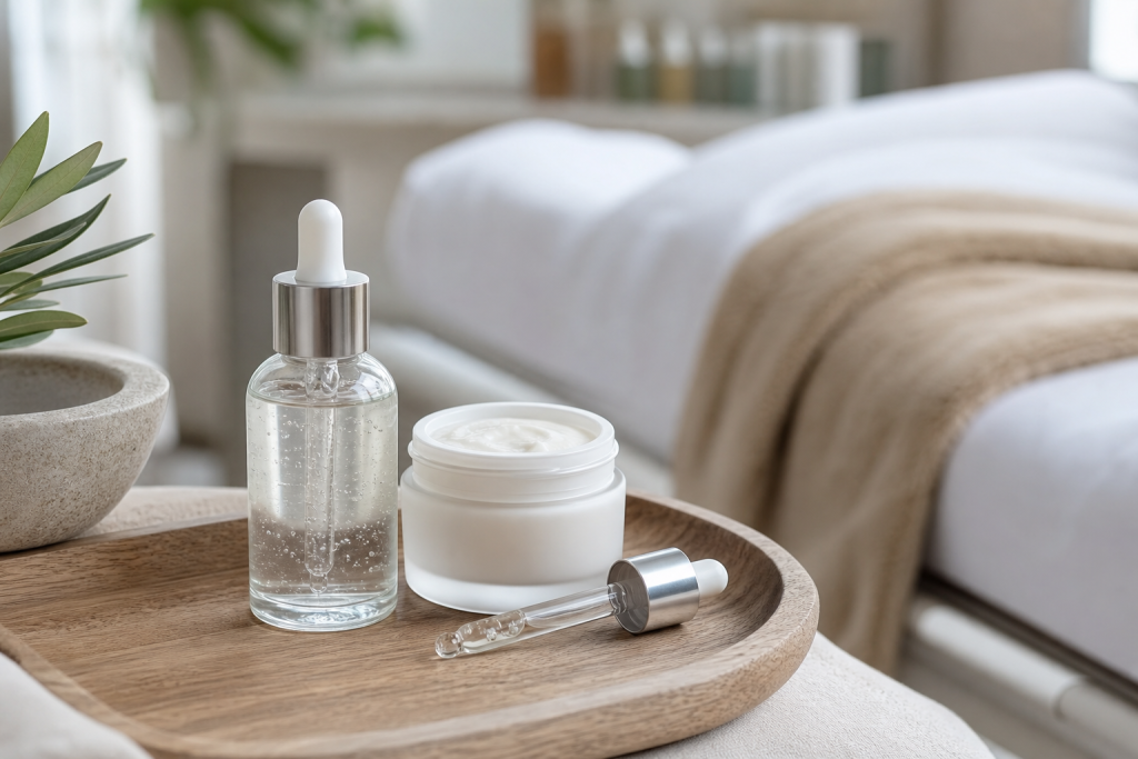 Serum, cream jar, and dropper on a tray in a skincare studio.