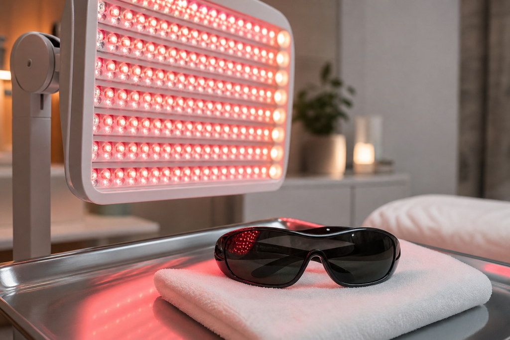 Close-up of a red and near-infrared LED light panel with goggles and a spa towel on a treatment tray.