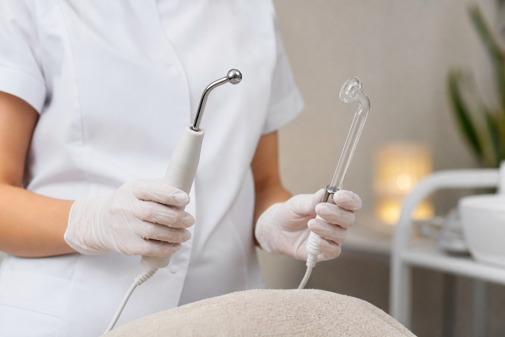 Esthetician holding galvanic wand and high-frequency electrode
