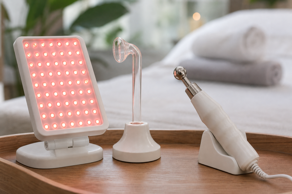 LED panel, high-frequency glass electrode, and galvanic probe on a tray used in professional facials.