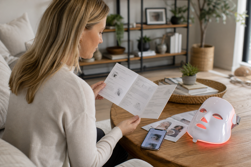 Person reading device manual next to an LED face mask and buyer guide on a table.