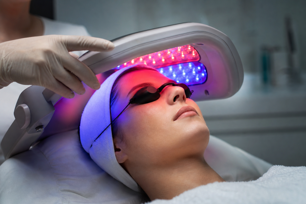 Close-up of red and blue LEDs illuminating the lower face during a professional treatment.
