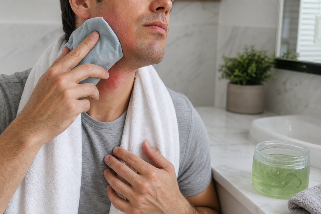 Close-up of a man using a cool compress on irritated skin after shaving.