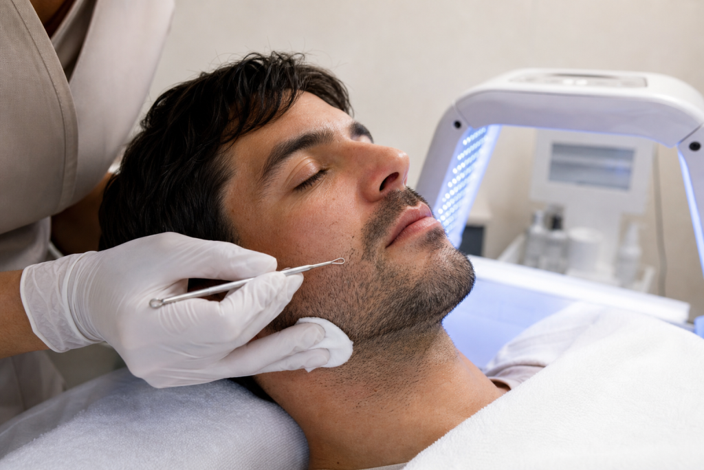 Close-up of beard area after gentle extraction beside LED device in a studio.