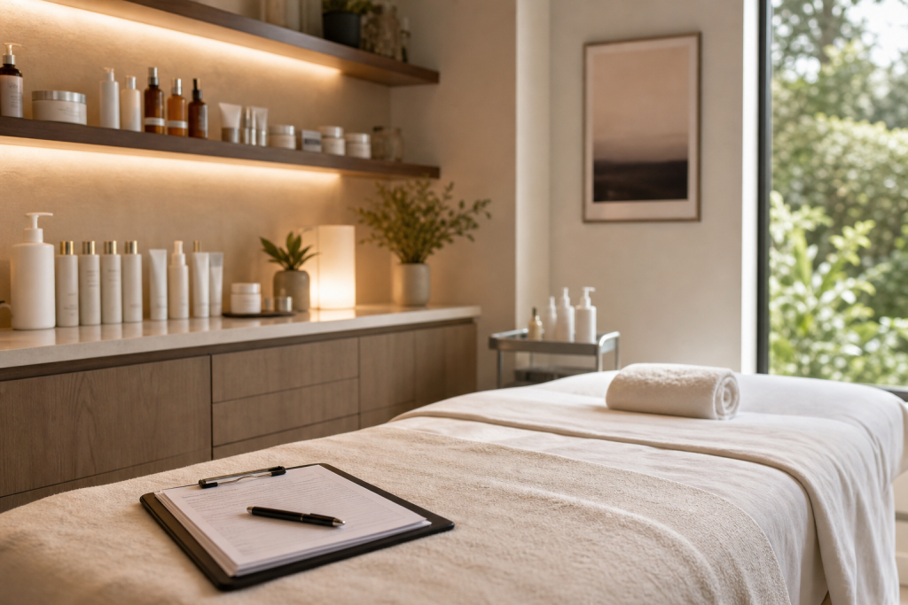 Serene facial room with generic cosmetic bottles and client consent clipboard in a Woodland Hills spa.
