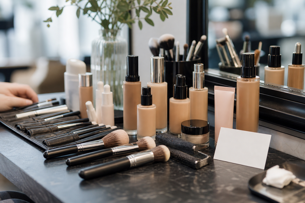 Professional makeup kit on salon counter with foundation bottles and brushes.