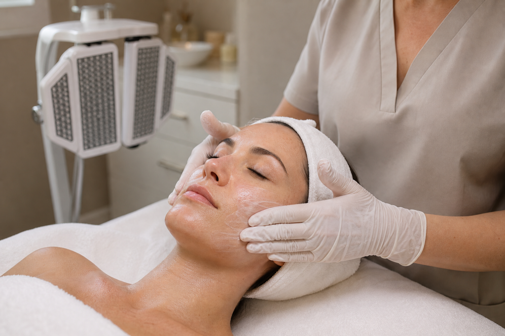 Client receiving a hydrating facial in a Woodland Hills treatment room with esthetician applying moisturizer.