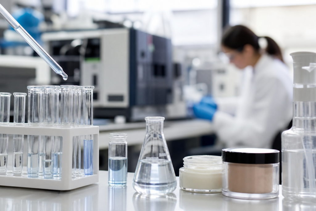 Laboratory setup for chemical analysis of cosmetic samples using modern testing methods.
