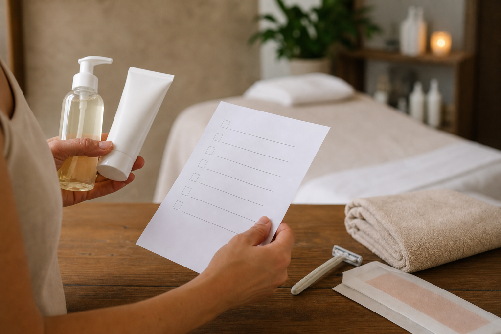 Pre-facial checklist with skincare products, razor, and towel.