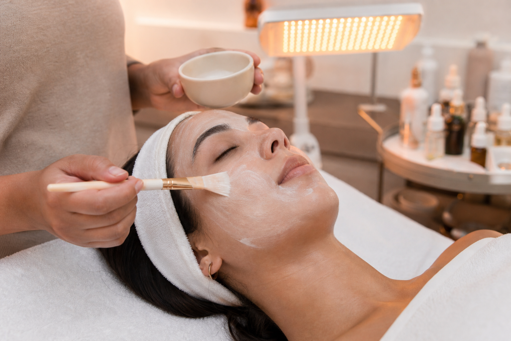 Professional facial treatment application with LED device in background