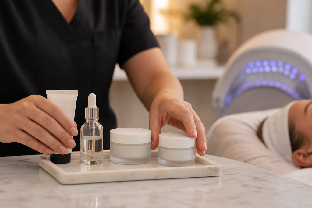 Tray with gentle skincare products and a low-level LED device, ready for a sensitive skin facial